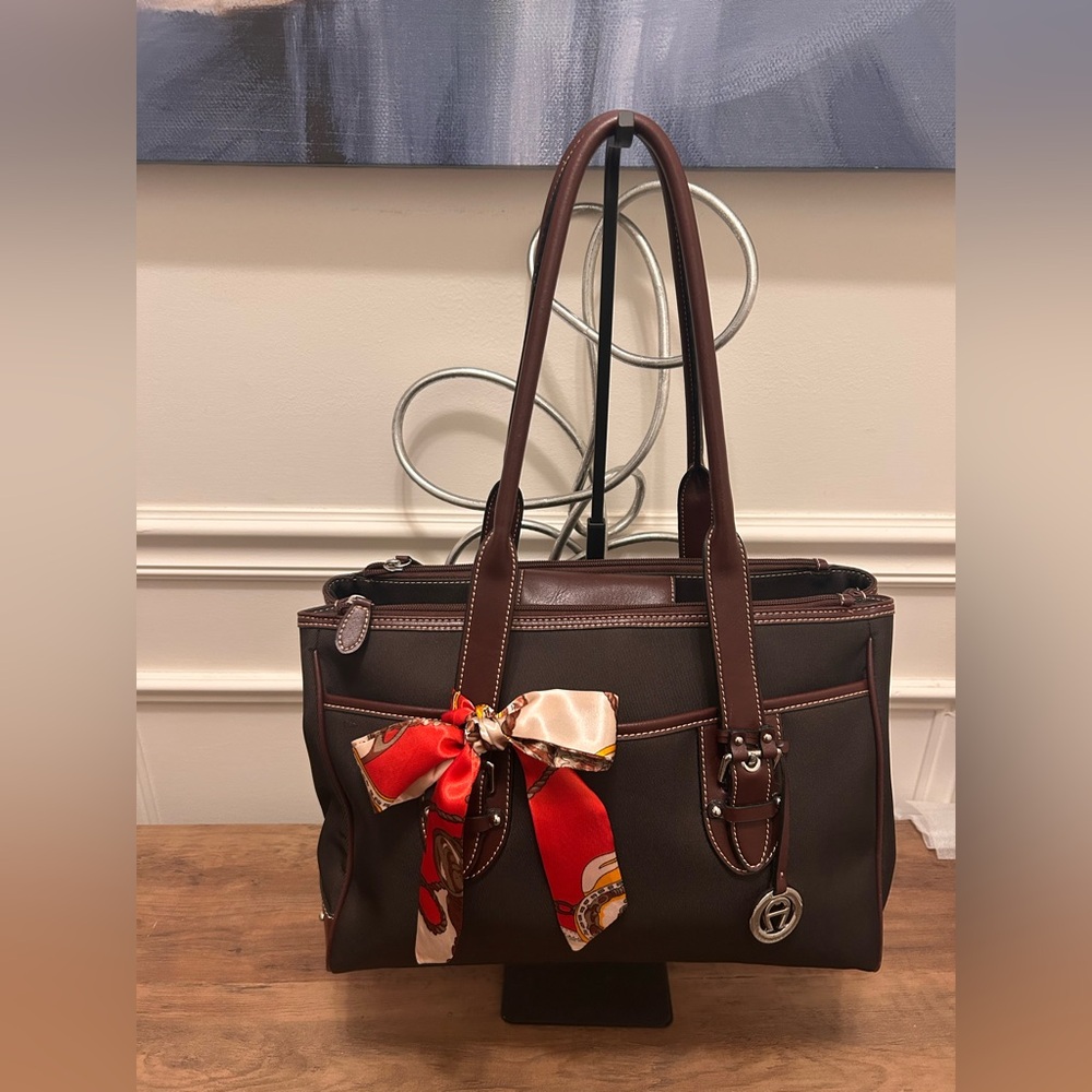 Etienne Aigner Brown Shoulder Nylon and Leather Tote Bag with Bag Scarf - Picture 3 of 14